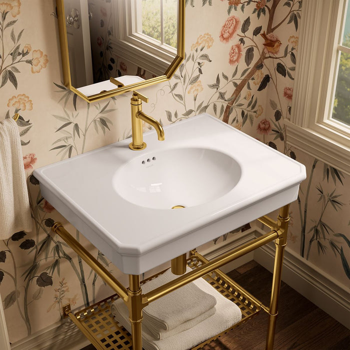 KOHLER K-39304-1 Claude 30" Rectangular Console Table Bathroom Sink, White with Vibrant Brushed Moderne Brass - image focused