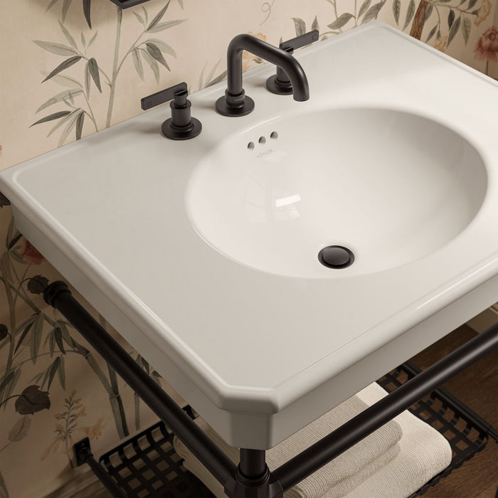 KOHLER K-39304-8 Claude 30" Rectangular Console Table Bathroom Sink, Dune with Matte Black - Shows close up detail of product