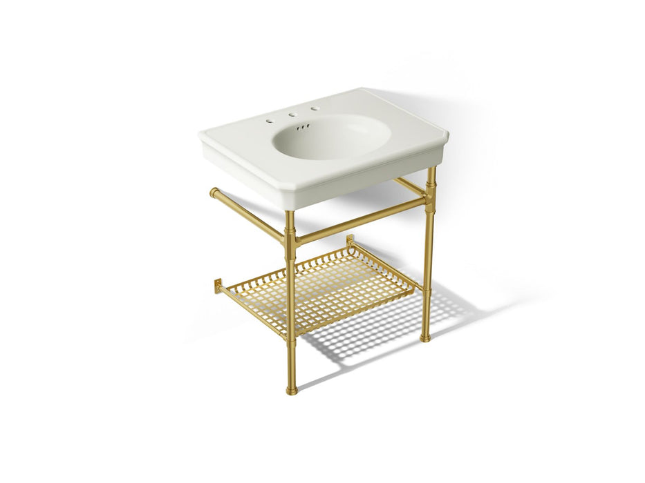 KOHLER K-39304-8 Claude 30" Rectangular Console Table Bathroom Sink, Dune with Vibrant Brushed Moderne Brass - 3/4 view of pr