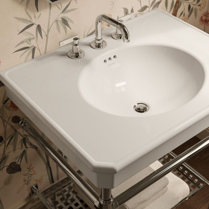 KOHLER K-39304-8 Claude 30" Rectangular Console Table Bathroom Sink, Dune with Vibrant Polished Nickel - Shows close up detai