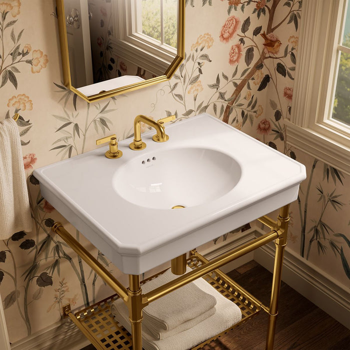KOHLER K-39304-8 Claude 30" Rectangular Console Table Bathroom Sink, White with Vibrant Brushed Moderne Brass - image focused