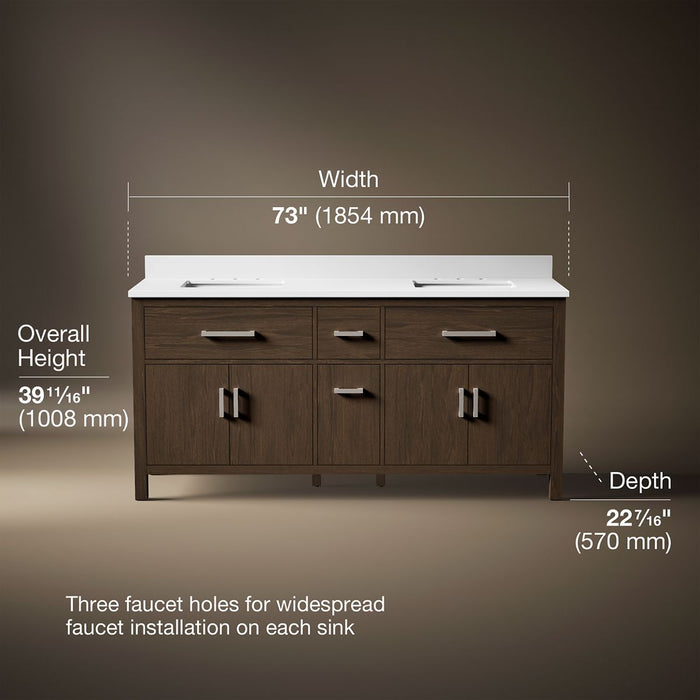 KOHLER K-40642-BD1 Kresla 72" bathroom vanity cabinet with sinks and quartz top, draper oak - view 3
