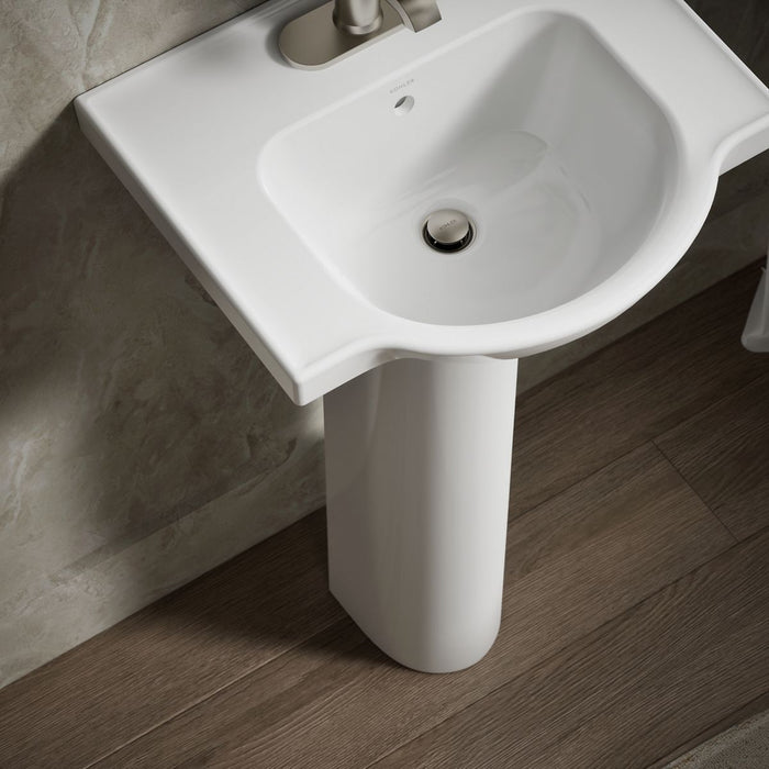 KOHLER K-5265-4 Veer 21" Rectangular Pedestal Bathroom Sink, White - Shows close up detail of product in room