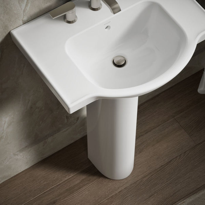 KOHLER K-5266-8 Veer 24" Rectangular Pedestal Bathroom Sink, White - Shows close up detail of product in room
