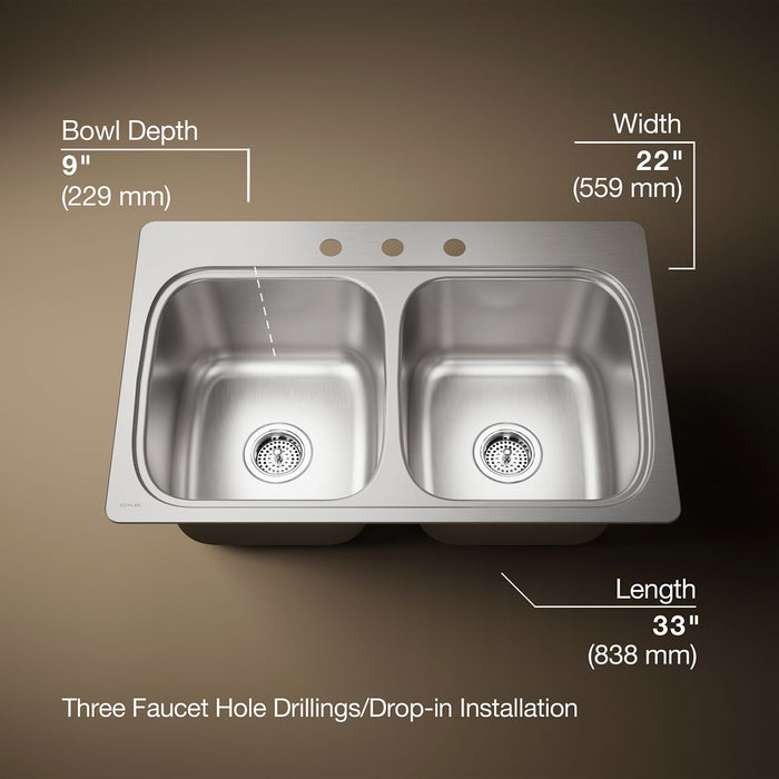 KOHLER K-5267-3 Verse 33" top-mount double-bowl kitchen sink, stainless steel - view 5