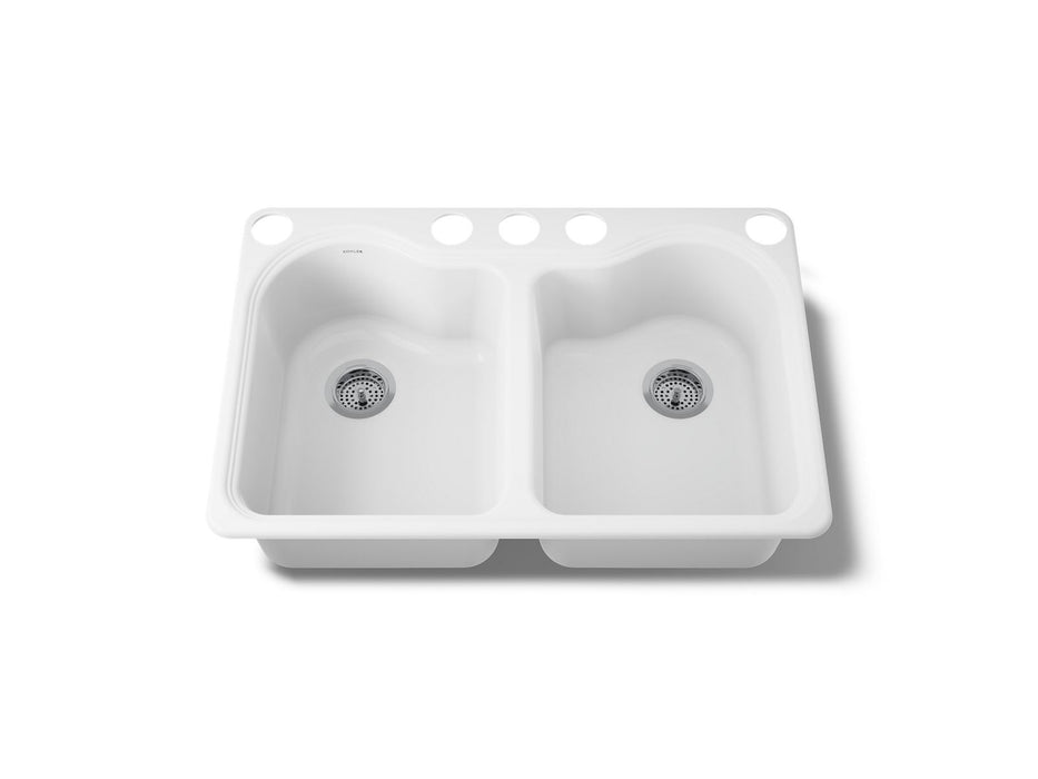 KOHLER K-5818-5U Hartland 33" undermount double-bowl kitchen sink, white