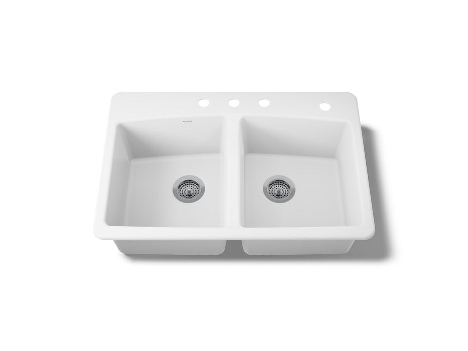 KOHLER K-5846-4 Brookfield 33" top-mount double-bowl kitchen sink, white