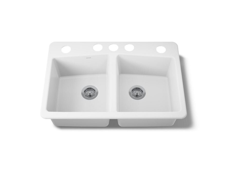 KOHLER K-5846-5U Brookfield 33" undermount double-bowl kitchen sink, white
