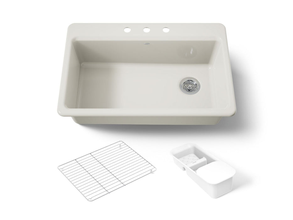 KOHLER K-5871-3A2 Riverby 33" top-mount single-bowl workstation kitchen sink, biscuit