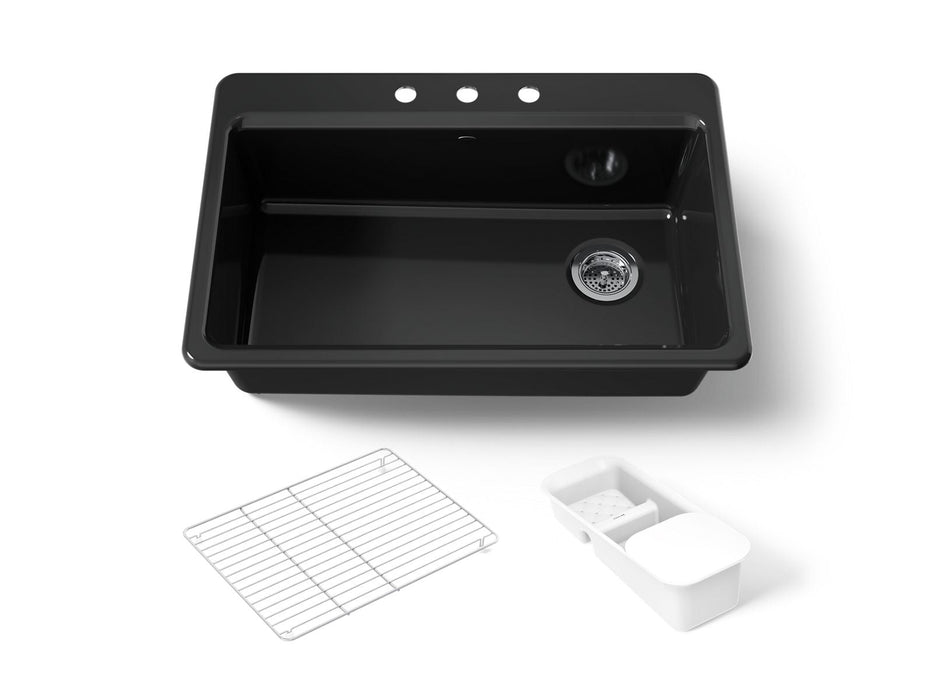 KOHLER K-5871-3A2 Riverby 33" top-mount single-bowl workstation kitchen sink, black black