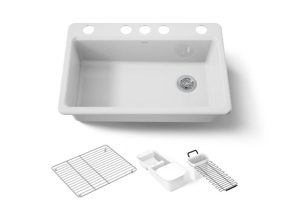 KOHLER K-5871-5UA3 Riverby 33" undermount single-bowl workstation kitchen sink, white