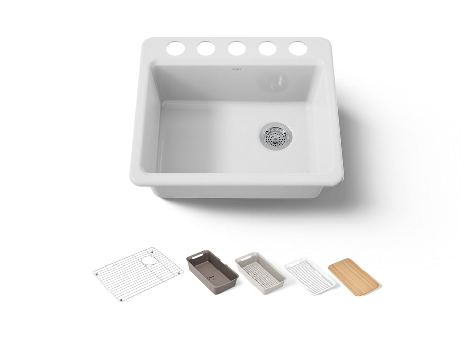 KOHLER K-5872-5UPC Riverby 25" undermount single-bowl workstation kitchen sink, white