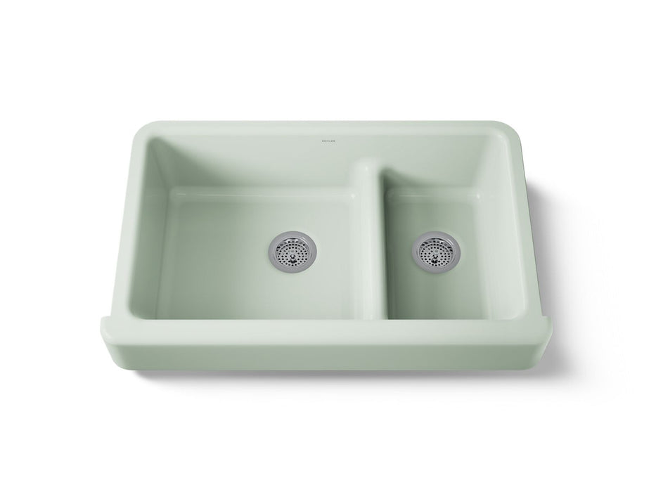 KOHLER K-6426 Whitehaven Smart Divide 35-1/2" undermount double-bowl farmhouse kitchen sink with short apron, aspen green