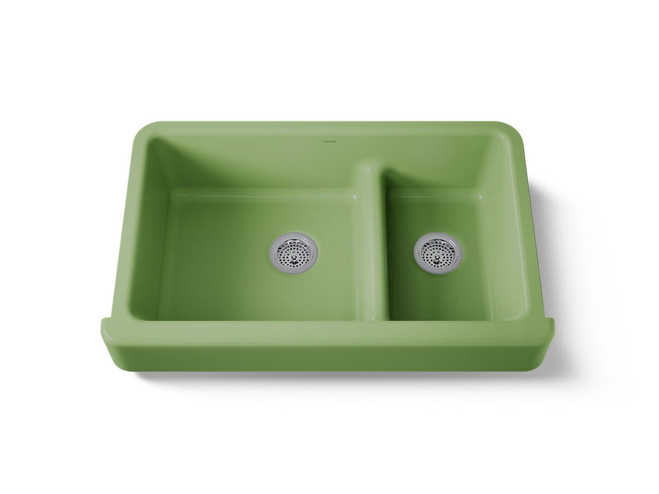 KOHLER K-6426 Whitehaven Smart Divide 35-1/2" undermount double-bowl farmhouse kitchen sink with short apron, fresh green
