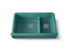 KOHLER K-6426 Whitehaven Smart Divide 35-1/2" undermount double-bowl farmhouse kitchen sink with short apron, teal