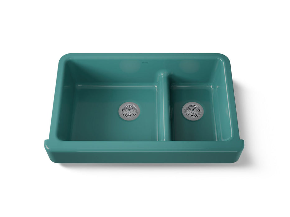 KOHLER K-6426 Whitehaven Smart Divide 35-1/2" undermount double-bowl farmhouse kitchen sink with short apron, teal