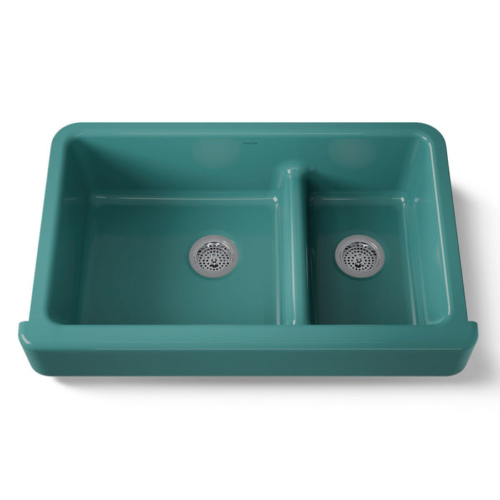KOHLER K-6426 Whitehaven Smart Divide 35-1/2" undermount double-bowl farmhouse kitchen sink with short apron, teal - view 5