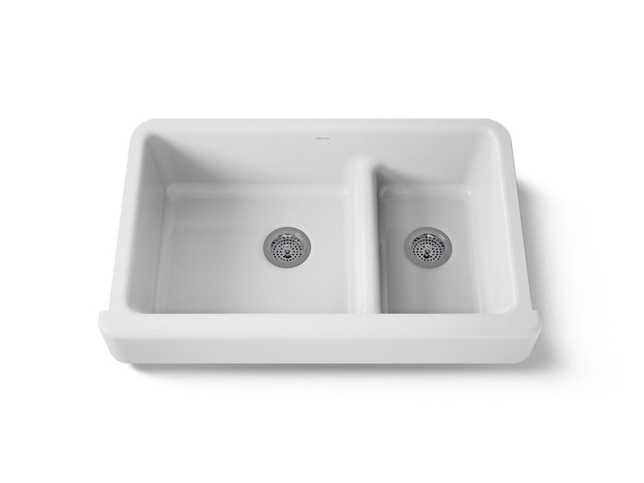 KOHLER K-6426 Whitehaven Smart Divide 35-1/2" undermount double-bowl farmhouse kitchen sink with short apron