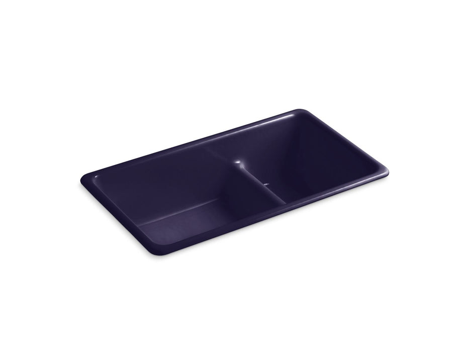 KOHLER K-6625 Iron/Tones Smart Divide 33" top-/undermount double-bowl kitchen sink, indigo blue