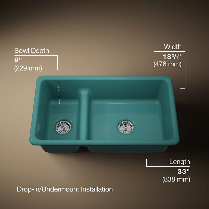 KOHLER K-6625 Iron/Tones Smart Divide 33" top-/undermount double-bowl kitchen sink, teal - view 5