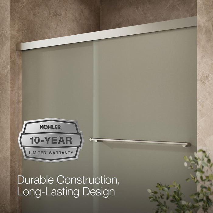 KOHLER K-707000-D3 Revel Sliding bath door, 55-1/2" H x 56-5/8 - 59-5/8" W, with 1/4" thick Frosted glass, anodized...