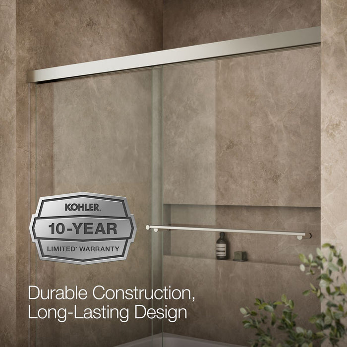 KOHLER K-707000-L Revel Sliding bath door, 55-1/2" H x 56-5/8 - 59-5/8" W, with 1/4" thick Crystal Clear glass