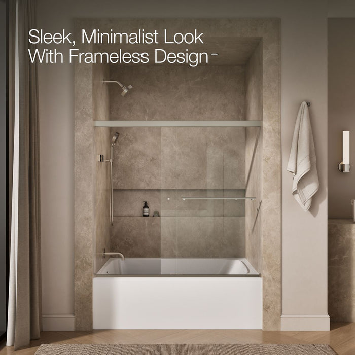 KOHLER K-707000-L Revel Sliding bath door, 55-1/2" H x 56-5/8 - 59-5/8" W, with 1/4" thick Crystal Clear glass