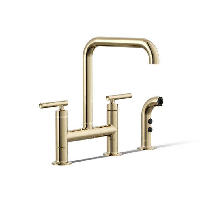 KOHLER K-7548-4 Purist Two-hole bridge kitchen sink faucet with side sprayer