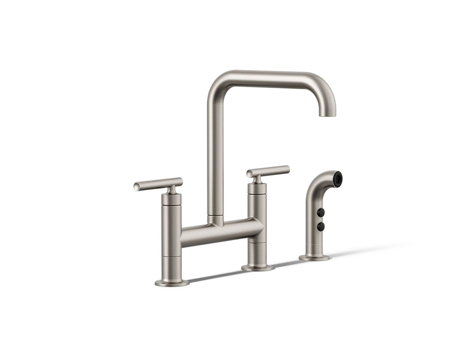 KOHLER K-7548-4 Purist Two-hole bridge kitchen sink faucet with side sprayer