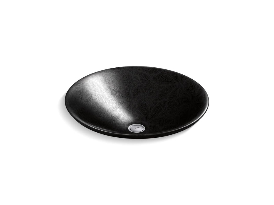 KOHLER K-75748-FP2 Sartorial 17-1/2" round drop-in bathroom sink, no overflow, black sartorial paisley