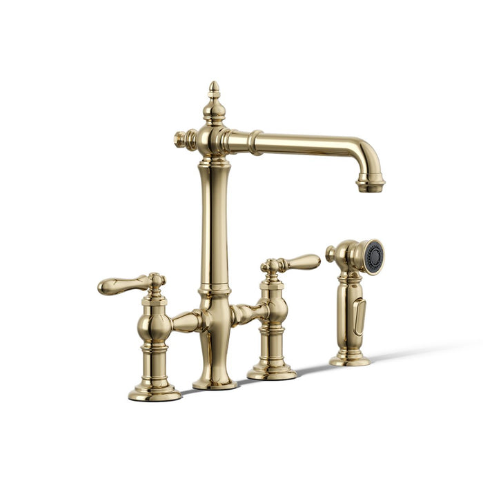 KOHLER K-76519-4 Artifacts Three-hole bridge kitchen sink faucet with side sprayer