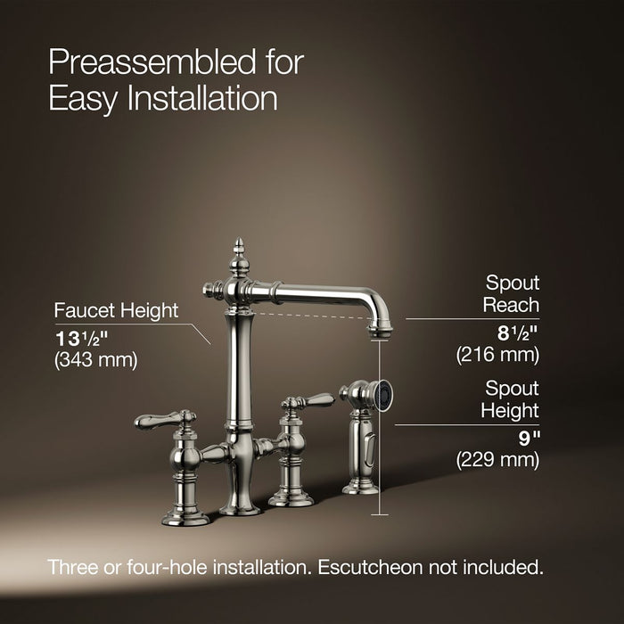 KOHLER K-76519-4 Artifacts Three-hole bridge kitchen sink faucet with side sprayer