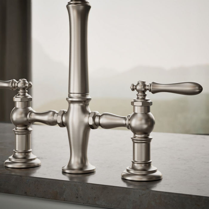 KOHLER K-76519-4 Artifacts Three-hole bridge kitchen sink faucet with side sprayer