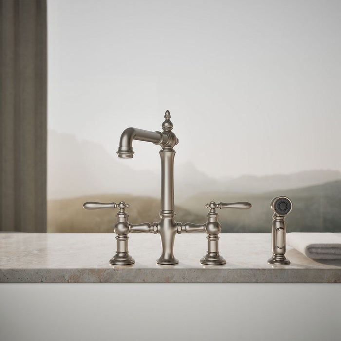 KOHLER K-76519-4 Artifacts Three-hole bridge kitchen sink faucet with side sprayer
