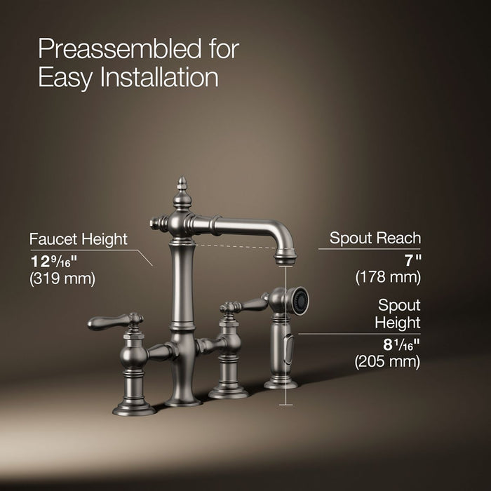 KOHLER K-76520-4 Artifacts Three-hole bridge bar sink faucet with side sprayer