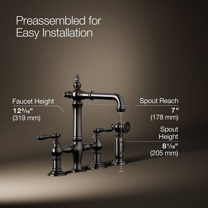 KOHLER K-76520-4 Artifacts Three-hole bridge bar sink faucet with side sprayer
