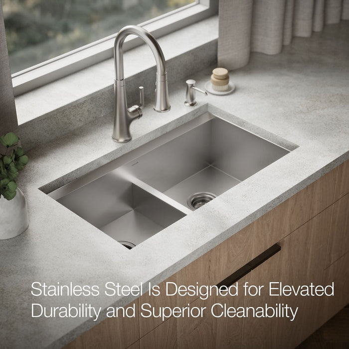 KOHLER K-80085-2PC Task Smart Divide 33" top-/undermount double-bowl workstation kitchen sink, stainless steel - view 4