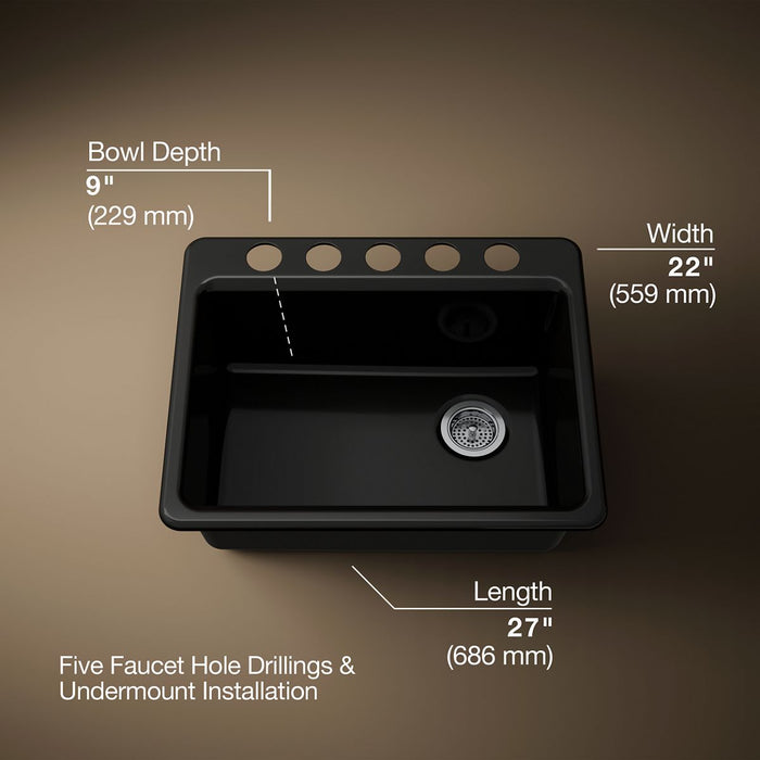 KOHLER K-8668-5UPC Riverby 27" undermount single-bowl workstation kitchen sink, black black - view 5