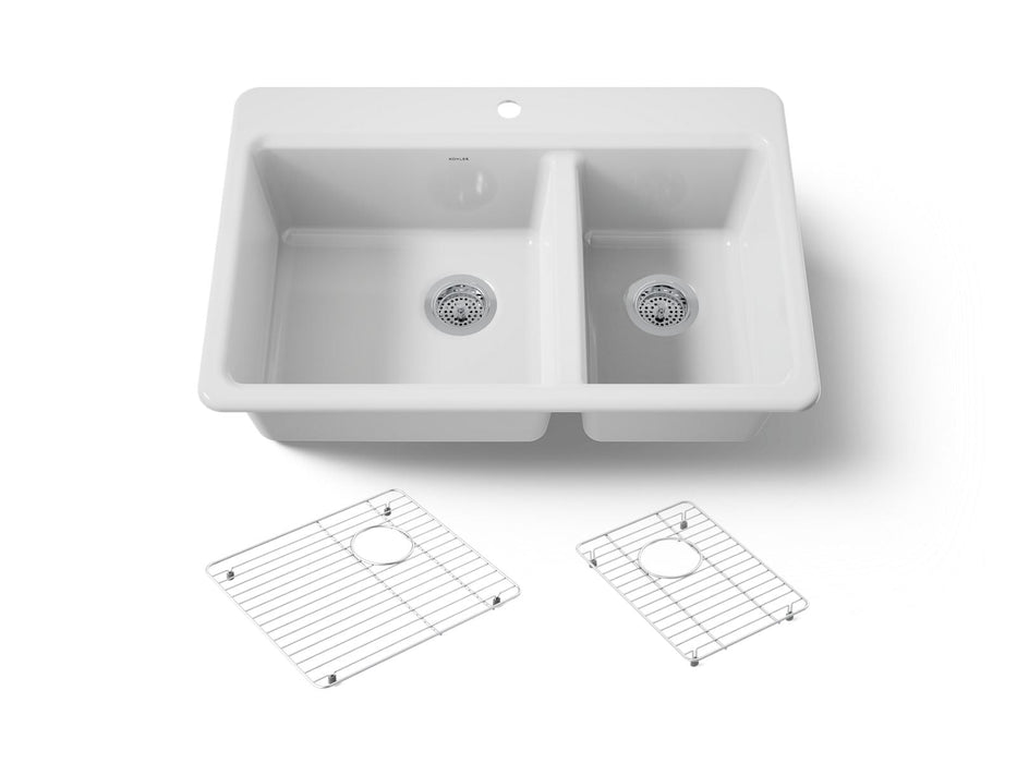 KOHLER K-8669-1A1 Riverby 33" top-mount double-bowl kitchen sink, white