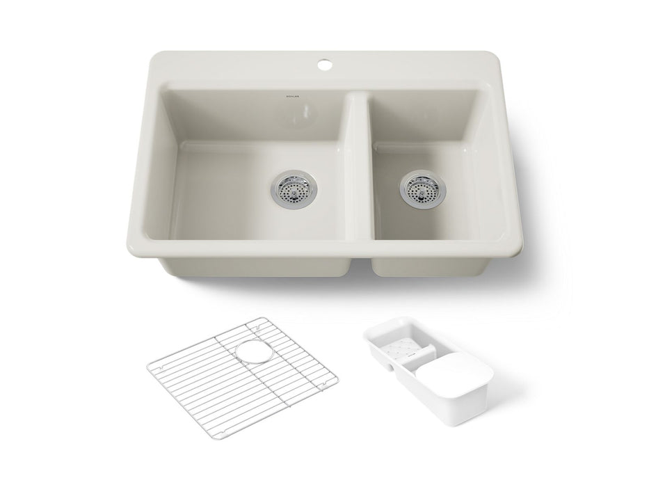 KOHLER K-8669-1A2 Riverby 33" top-mount double-bowl workstation kitchen sink, biscuit