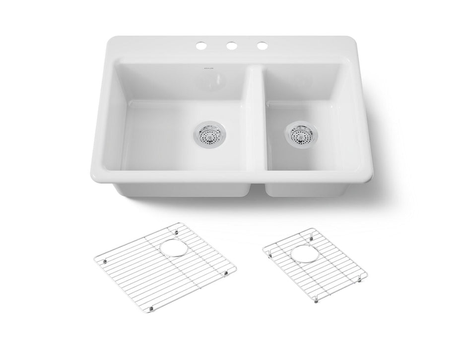 KOHLER K-8669-3A1 Riverby 33" top-mount double-bowl kitchen sink, white