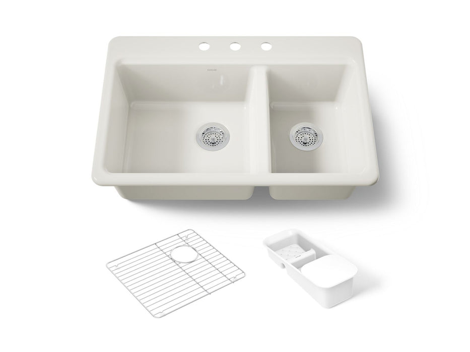KOHLER K-8669-3A2 Riverby 33" top-mount double-bowl workstation kitchen sink, biscuit