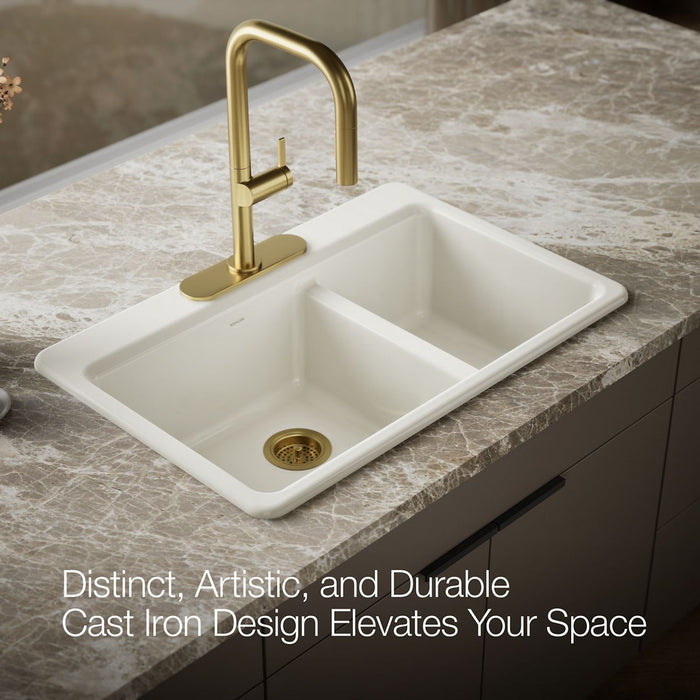 KOHLER K-8669-3A2 Riverby 33" top-mount double-bowl workstation kitchen sink, biscuit - view 4