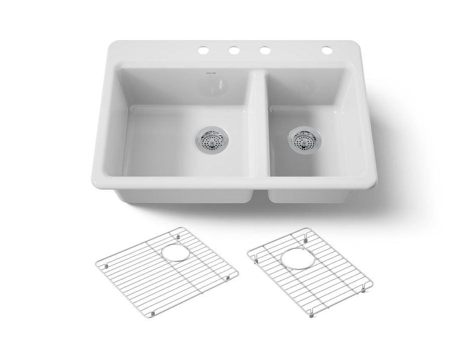 KOHLER K-8669-4A1 Riverby 33" top-mount double-bowl kitchen sink, white