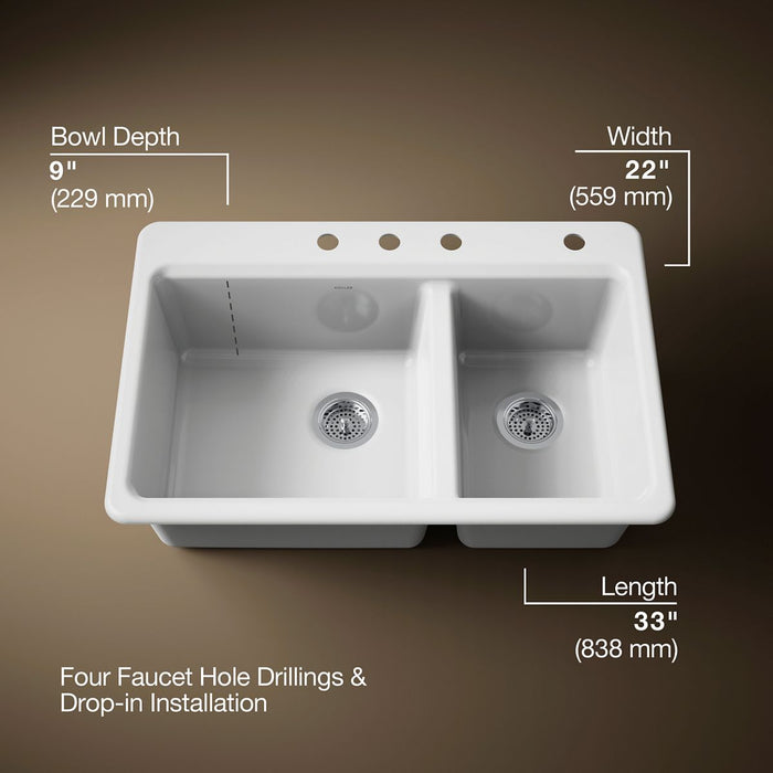 KOHLER K-8669-4A1 Riverby 33" top-mount double-bowl kitchen sink, white - view 5