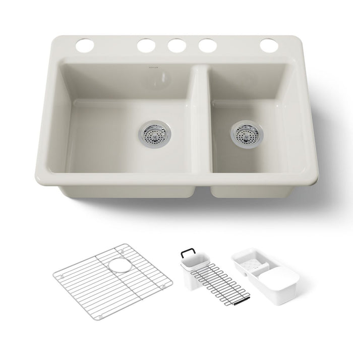 KOHLER K-8669-5UA3 Riverby 33" undermount double-bowl workstation kitchen sink, biscuit - view 5