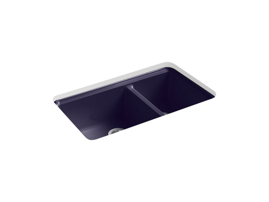 KOHLER K-8669-5UA3 Riverby 33" undermount double-bowl workstation kitchen sink, indigo blue