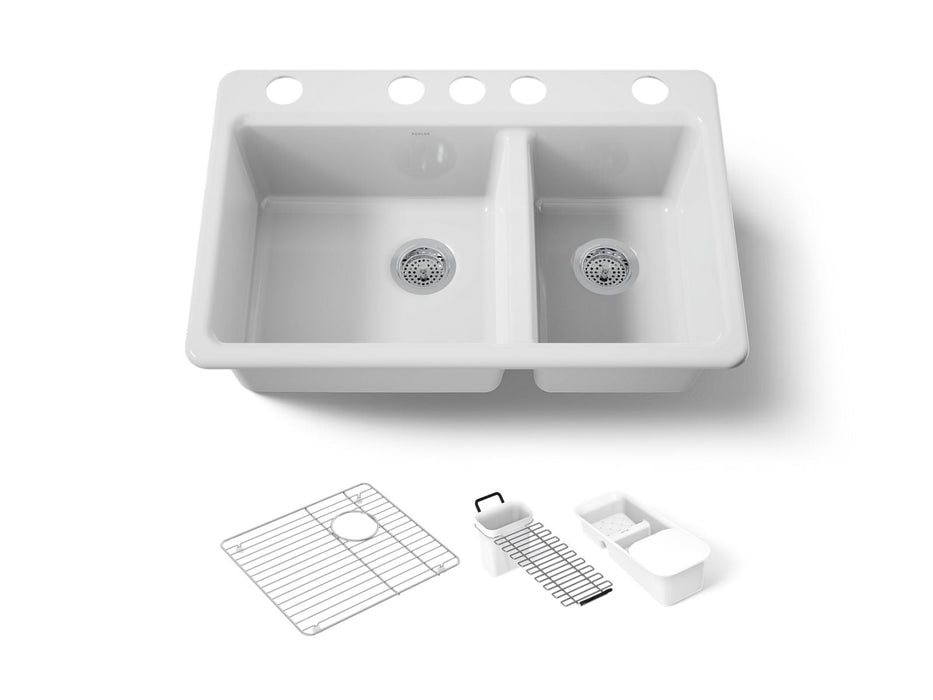 KOHLER K-8669-5UA3 Riverby 33" undermount double-bowl workstation kitchen sink, white