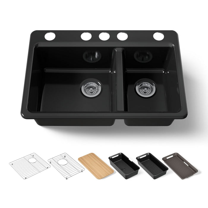 KOHLER K-8669-5UPC Riverby 33" undermount double-bowl workstation kitchen sink, black black - view 5