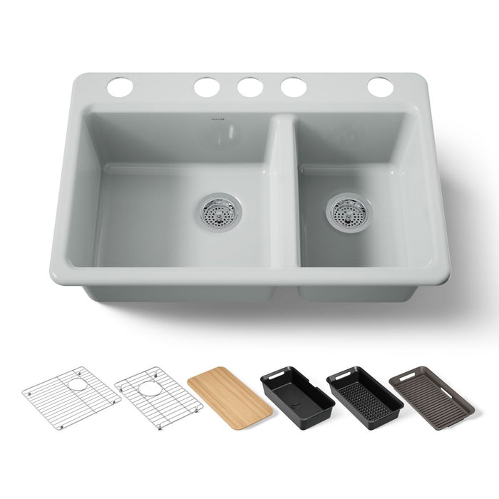 KOHLER K-8669-5UPC Riverby 33" undermount double-bowl workstation kitchen sink, ice grey - view 5